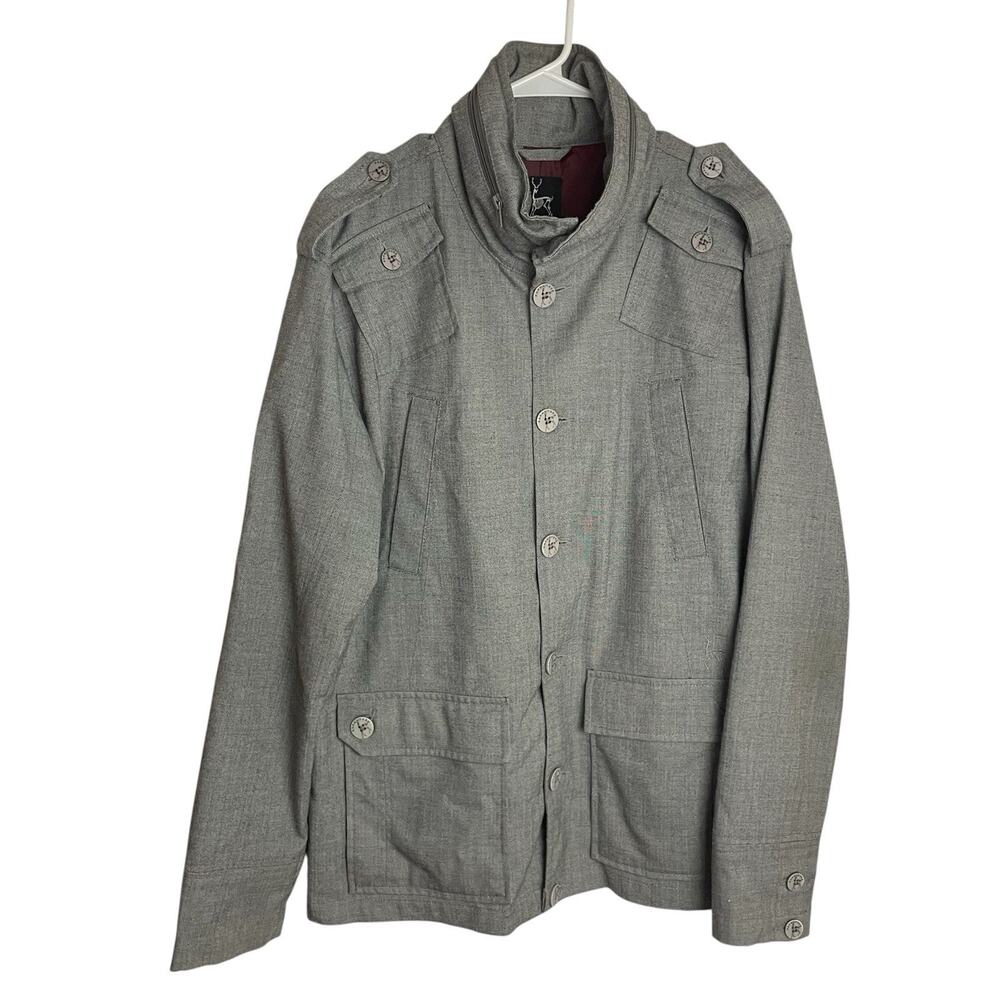 Kane & Unke Jacket Mens XL Gray Hidden Hood Button Up Military Utility Urban‎